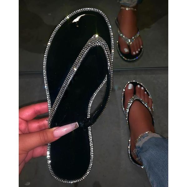 

women's slippers handmade rhinestone bling sandals comfortable flat bottom outdoor beach female shoes plus size 34-43, Black