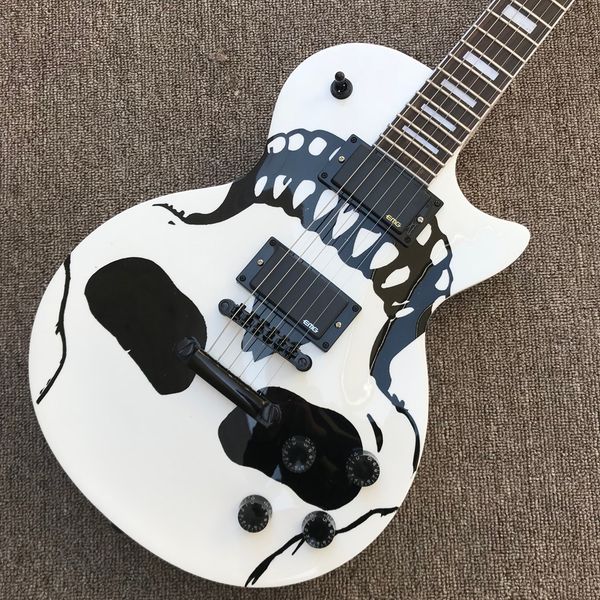 

rosewood fingerboard electric guitar, black hardware, white skull, 2 pieces of emg pickups, solid mahogany body guitar