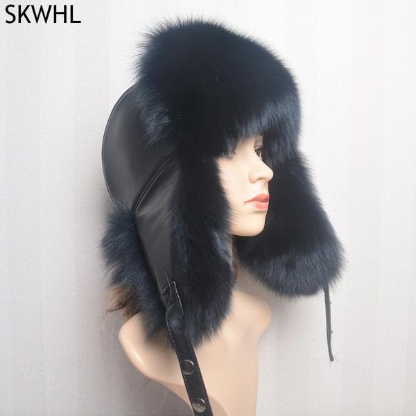 

berets women outdoor windproof 100% real fur hat natural silver russian ushanka hats winter thick warm ears fashion bomber cap, Blue;gray