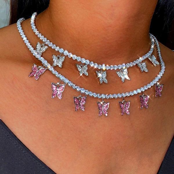 

boho butterfly cubic zirconia tennis chain choker necklace for women gold silver color iced out clavicle fashion jewelry pendant necklaces