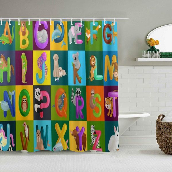 

shower curtain funny animals alphabet letters abc preschool education waterproof bath liners hooks included -bathroom decorative