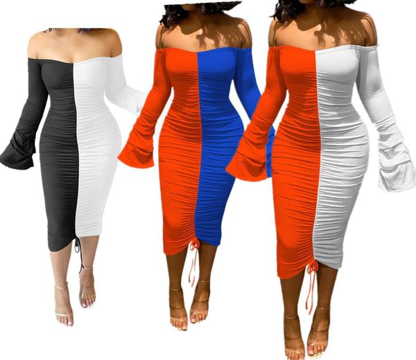 

om1566 fashion drawstring pleated turtleneck color dress, White