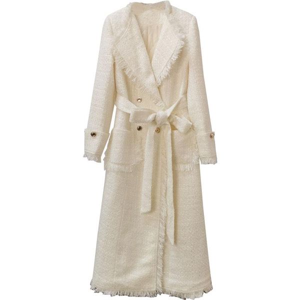 

women's wool & blends french style vintage winter tassel tweed weave long woolen overcoat women slim double breasted warm outwear, Black