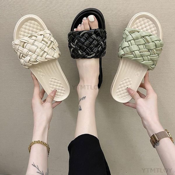 

slippers summer fashion women solid color open toe woven sandals heel thick beach indoor ytmtloy house zapatillas mujer casa, Black
