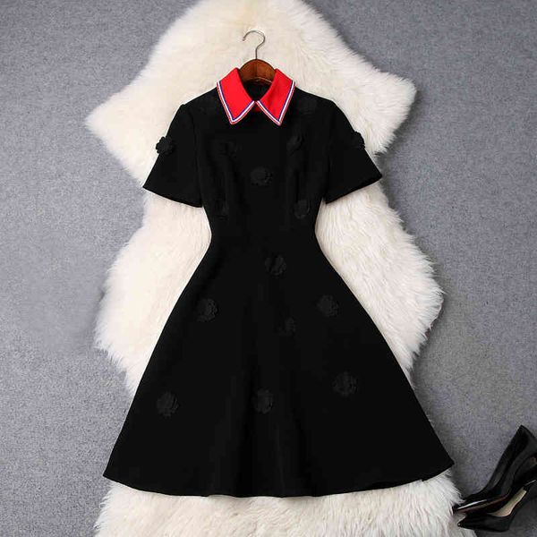 

casual dresses spring luxury long sleeve 3d flowers turn-down collar contrast color above knee dress fashion m5t9476 fban, Black;gray