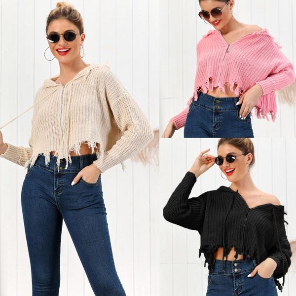 

women's sweaters solid color sweater women v neck long sleeve knit zipper tassel hooded outerwear female casual blouse, White;black
