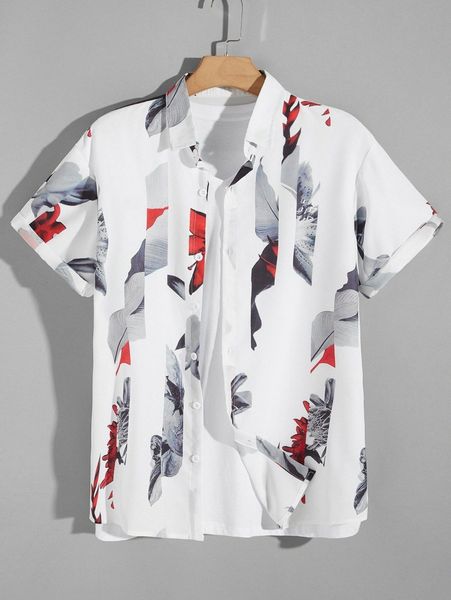 

men flower print button through shirt z24j#, White;black