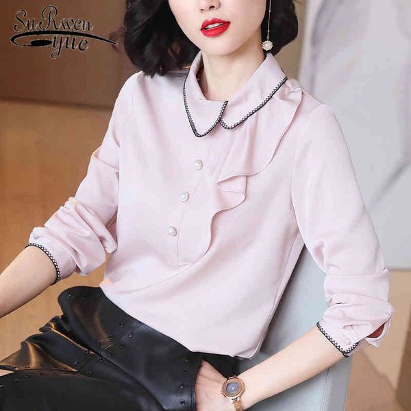 

arrival vintage long sleeve female clothes solid chiffon plus size office lady shirt autumn ruffles 6864 50 210521, White