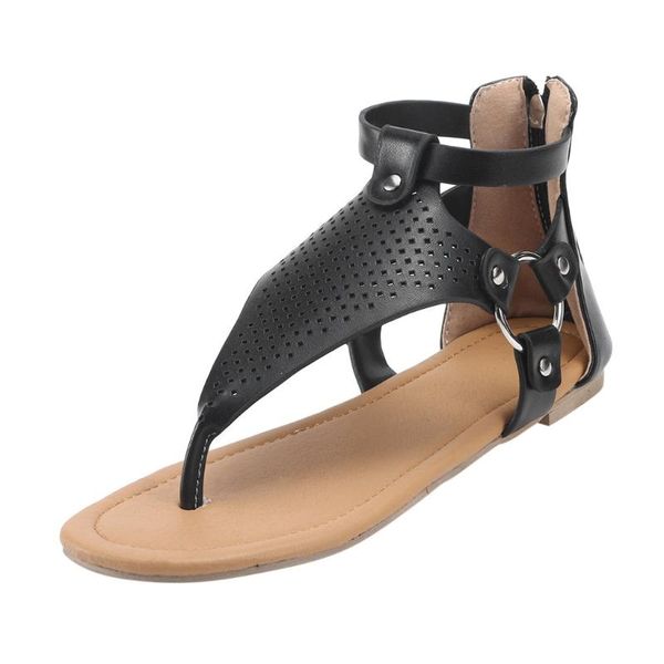 

women casual rome solid hollow out open toe sandals low bottom beach outdoor everyday leisure round zipper shoes, Black