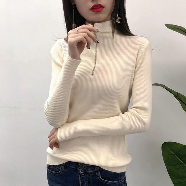 

women's sweaters zipper turtleneck sweater women casual fall winter pullover jumper knitted, White;black
