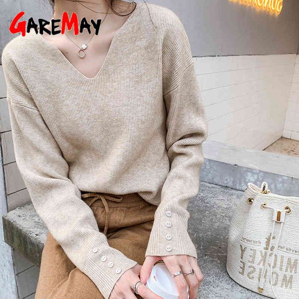 

white knitted sweater loose ladies winter sweaters female casual v neck jumper pullover women 210428, White;black