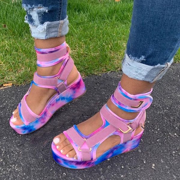 

sandals 2021 summer platform for womens open toe ankel strap flats tie dye comfortable gladiator beach shoes 26#, Black