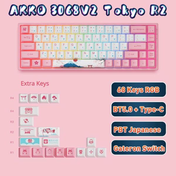 

keyboards akko 3068v2 r2 mechanical keyboard 68 keys dual mode bt5.0 type-c rgb gamer gateron switch pbt japanese keycaps
