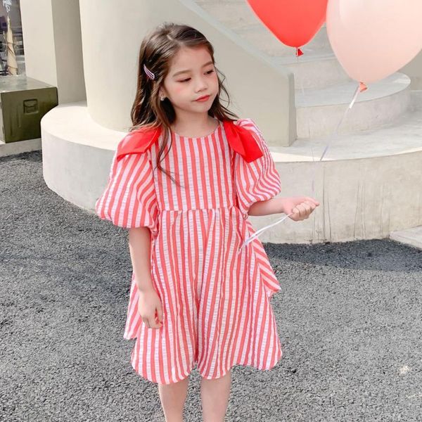

to 7 years kids girls dress 2021 summer cute short sleeve baby dresses girl princess children clothing red white striped girl's, Red;yellow