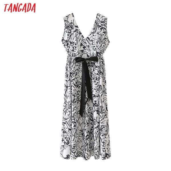 

fashion women flowers print tank sleeveless v neck bow female casual long dress 5x28 210416, Black;gray