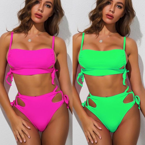 

women's swimwear 2 piece set sling pink bikini see through pure color high waist strappy swimsuit women swimming suit bikinis, White;black