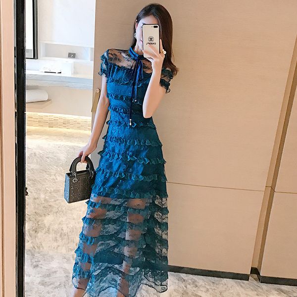 

summer women lace blue ruffles cake bow mesh floral embroidery dress vestidos short sleeve long party dresses, Black;gray
