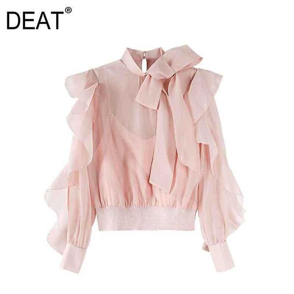 

[deat] women elegant chiffon long sleeve bow pink round neck loose shirt autumn spring fashion 13c218 210527, White