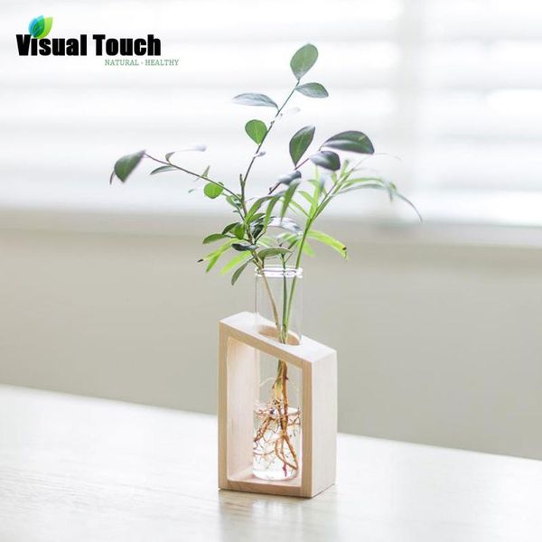 

vases visual touch wood modern style glass tableplant flower wedding decorative tube vase wooden tray home decoration accessories
