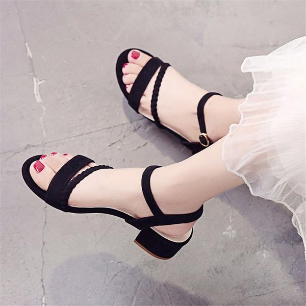 

flock beige high heels sandals women 2021summer shoes fashion open toe buckle casual square heel female, Black