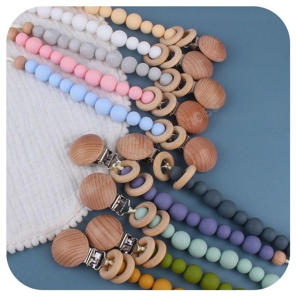 

10 colors beech wooden silicone bead pacifier holders newborn pacifier chains clips baby teething soother kids chew toys