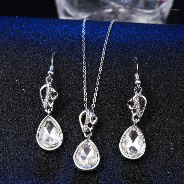 

earrings & necklace hesiod jewelry sets for women white blue cz stone earring pendant set fashion wedding water drop crystal, Silver