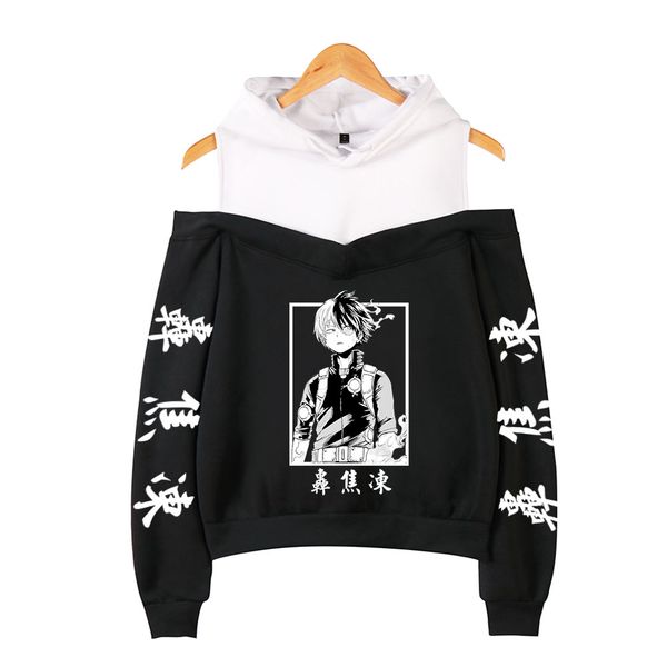 

women's hoodies my hero academy hoodies female off shoulder sweatshirt women trui harajuku streetwear s todoroki 2021 anime clothing 08, Black