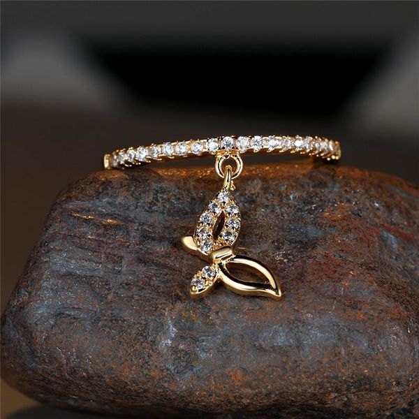 

wedding rings dainty female crystal butterfly pendant ring trendy gold silver color engagement charm white zircon for women, Slivery;golden