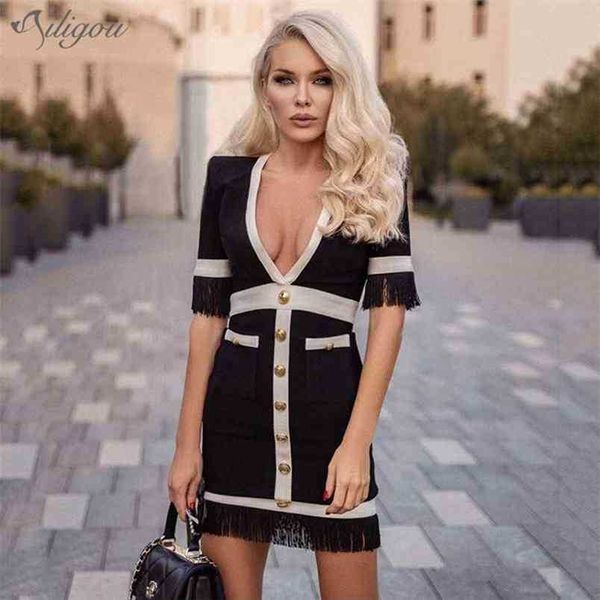

bandage dress women tassel v-neck short sleeve summer mini bodycon club celebrity party vestidos 210525, Black;gray