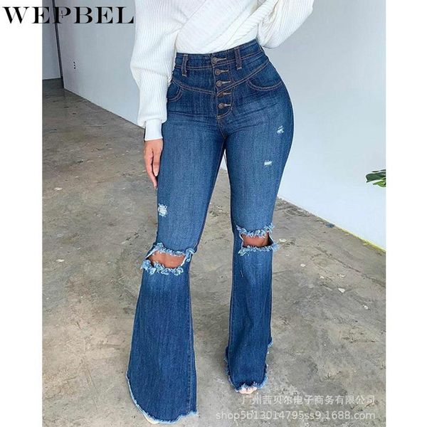 

women's pants & capris wepbel vintage hole ripped denim flare ladies fashion single breasted button high waist jeans long trousers, Black;white