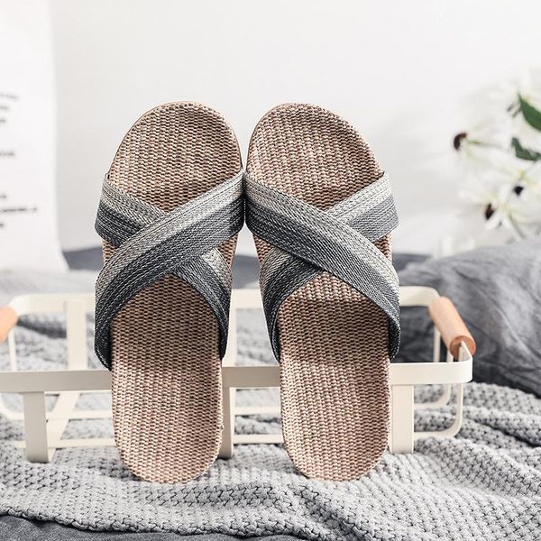 

indoor flip flops summer woven sandals with cross straps women non-slip flat shoes linen slippers open toe slides, Black