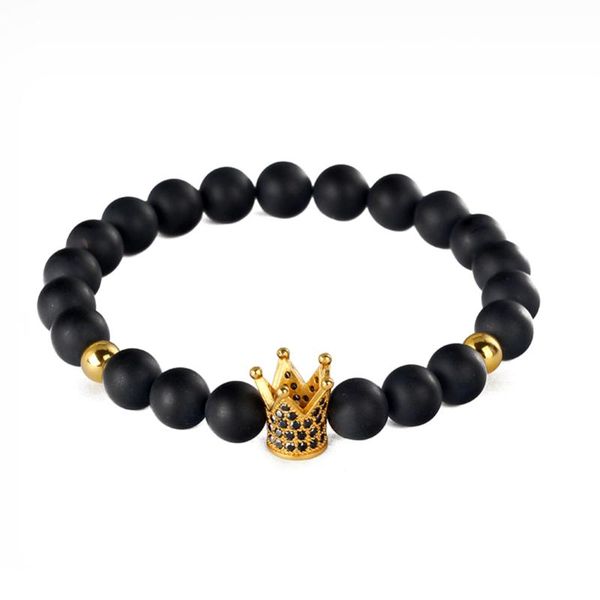 

beaded, strands natural black bracelet matte onyx stone bangles jewelry gift cz crown male inlaid zircon charm bracelets for man