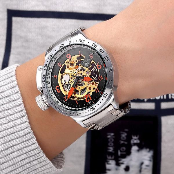 

wristwatches orkina men's large dial skeleton watches stainless steel mechanical automatic self-wind relogio masculino de luxo, Slivery;brown