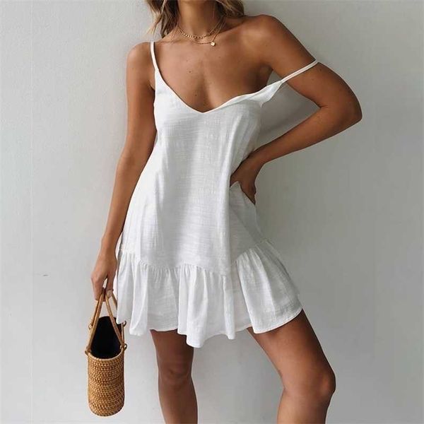 

spaghetti strap dresses off shoulder women summer dress white shift dress ruffle sundress mini cotton linen vestidos 210323, Black;gray