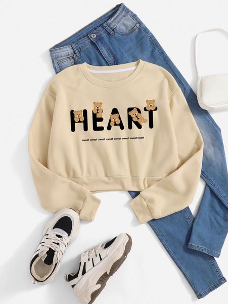 

letter and bear print crop sweatshirt 18wv#, White;black