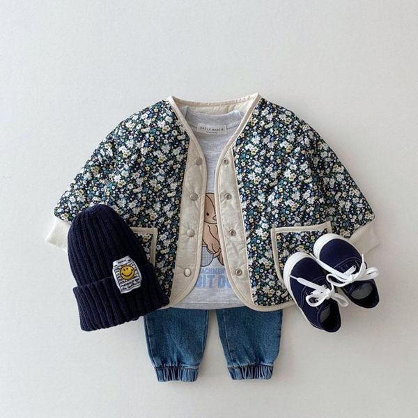 

down coat 2021 autumn winter toddler kids cotton floral clothes baby girls both positive and negative long sleeve jacket 9-36m, Blue;gray