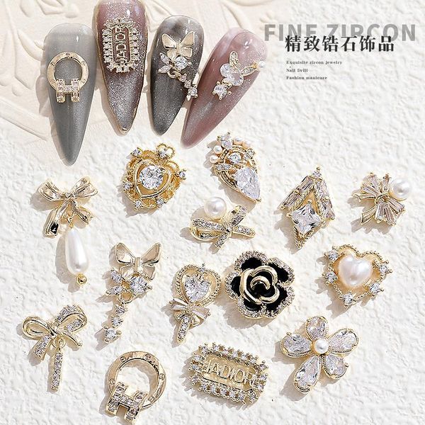 

5pcs 3d zircon alloy bow flower love nail art decorations pearl crystal rhinestones nails accessories jewelry supplies charms, Silver;gold
