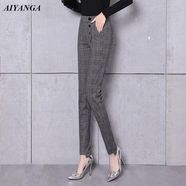 

women's pants & capris thick woolen women 2021 autumn winter trousers for warm female slim pencil pant fashion plaid high waist, Black;white