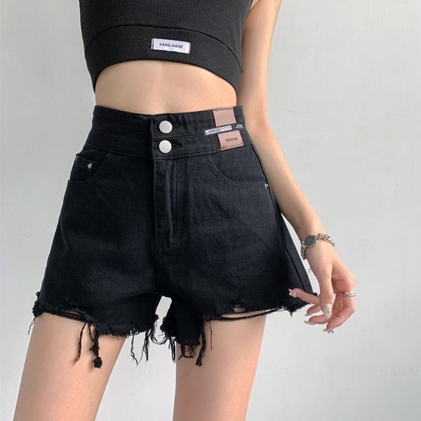 

women's jeans summer black women casual shorts harajuku elastic high waist white denim vintage pockets short femme, Blue