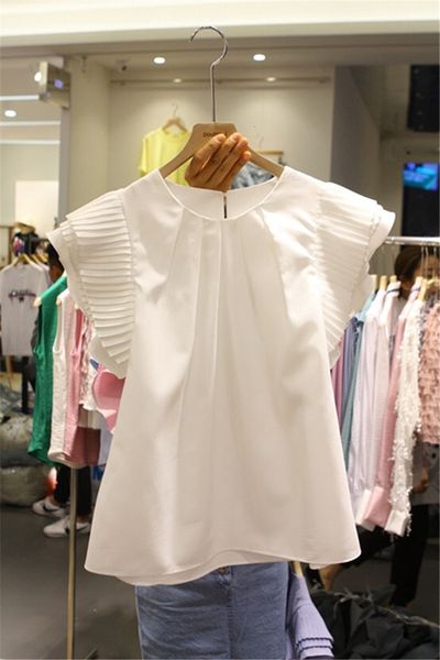 

solid white summer women t shirts o-neck short sleeve pleated female tees new korean fahion loose casual