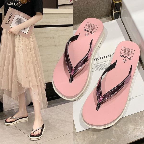 

platform slippers woman slides summer beach flat shoes women wedge non-slip lady flip flops gold silver bling casual shoe, Black