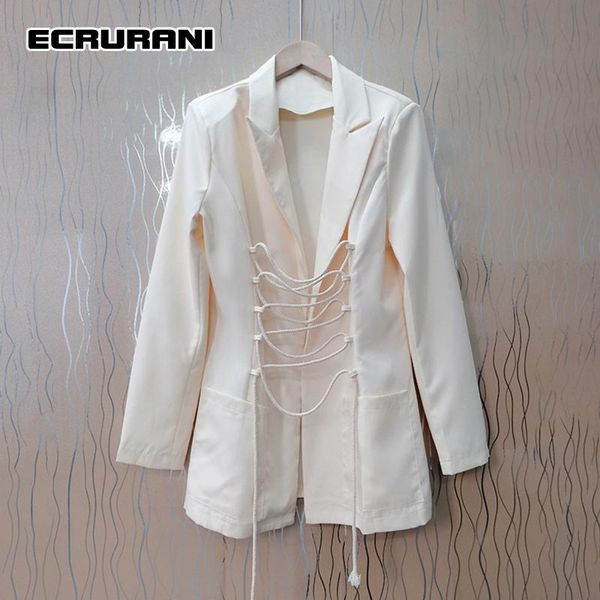 

women's suits & blazers ecrurani casual patchwork bandage solid blazer for women notched long sleeve tunic female fashion clothes 2021, White;black