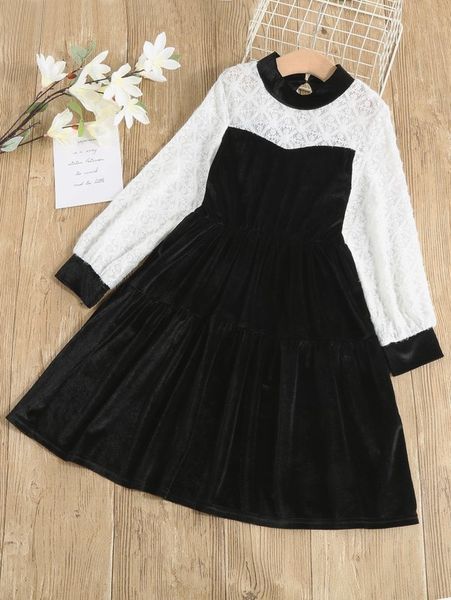 

girls contrast lace keyhole back velvet dress she, Red;yellow