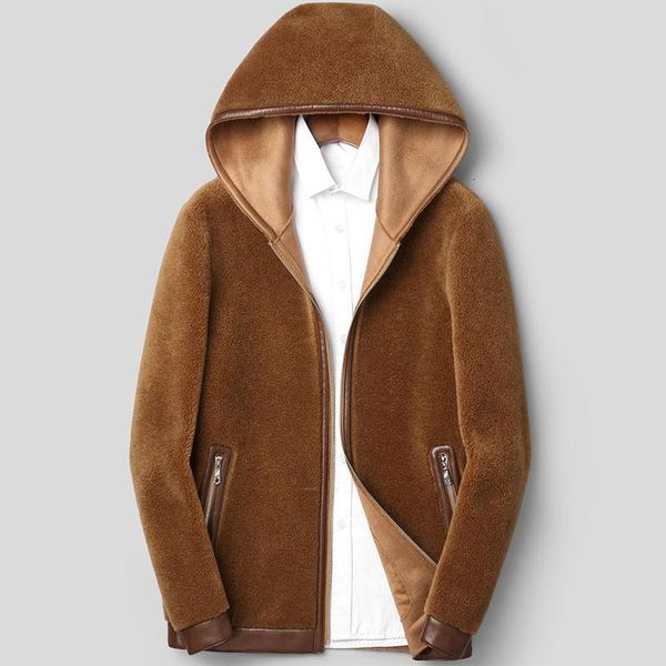 

men's leather & faux real fur coat winter jacket 100% wool clothes sheep shearling short jackets plus size erkek mont lsy1136 o855, Black