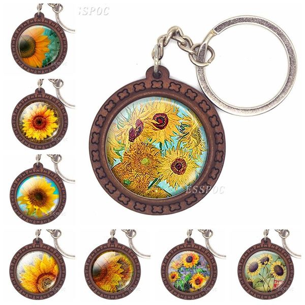 

keychains sunflower pendant fashion picture glass cabochon wooden keychain handmade gift for women keys, Silver