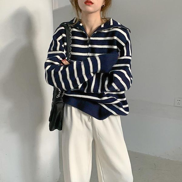 

women's sweaters cbafu 3 color thicken autumn winter outwear retro striped pullovers warm sweater loose zipper collar knitted m152, White;black