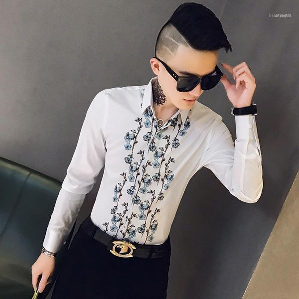 

men's casual shirts white 2021 spring and autumn printing long sleeve shirt slim fit trend 301a-1 / cs99 p551, White;black