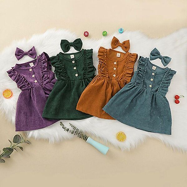 

girl's dresses toddler baby girls sleeveless ruffles corduroy dress headband princess, Red;yellow