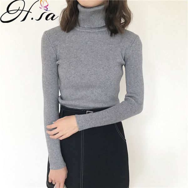 

h.sa autumn women pull high elastic solid turtleneck sweater slim tight bottoming knitted pullovers 210417, White;black