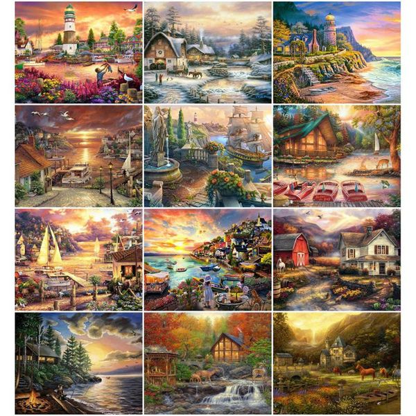 

paintings azqsd painting by number canvas kits landscape diy coloring numbers lighthouse picture for living room home decoration